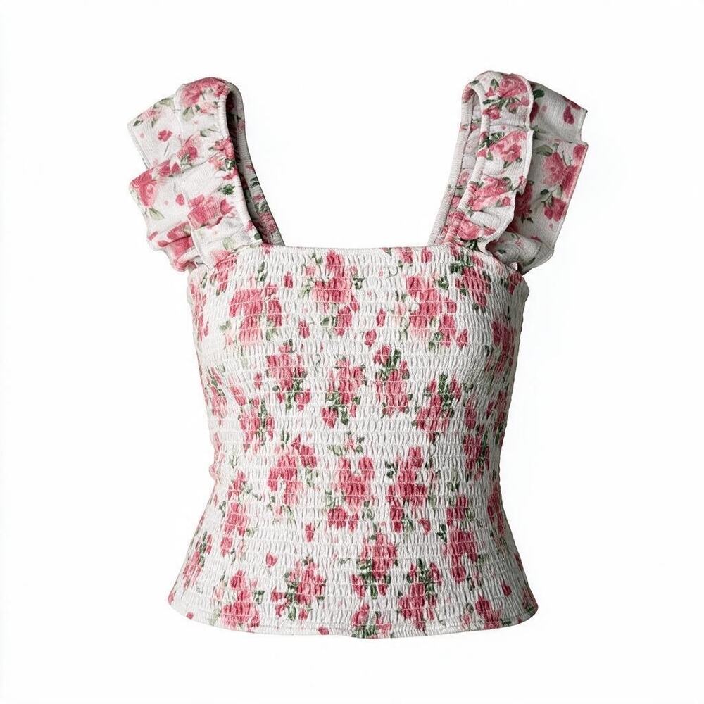 Jolie & Joy Ruffle Top Floral Smocked Corset Pink Womens Small Square Neck Shirt